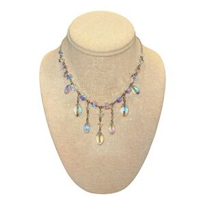 Kirk’s Folly Iridescent Crystal Fringe Necklace Silver Tone Fantasy J26